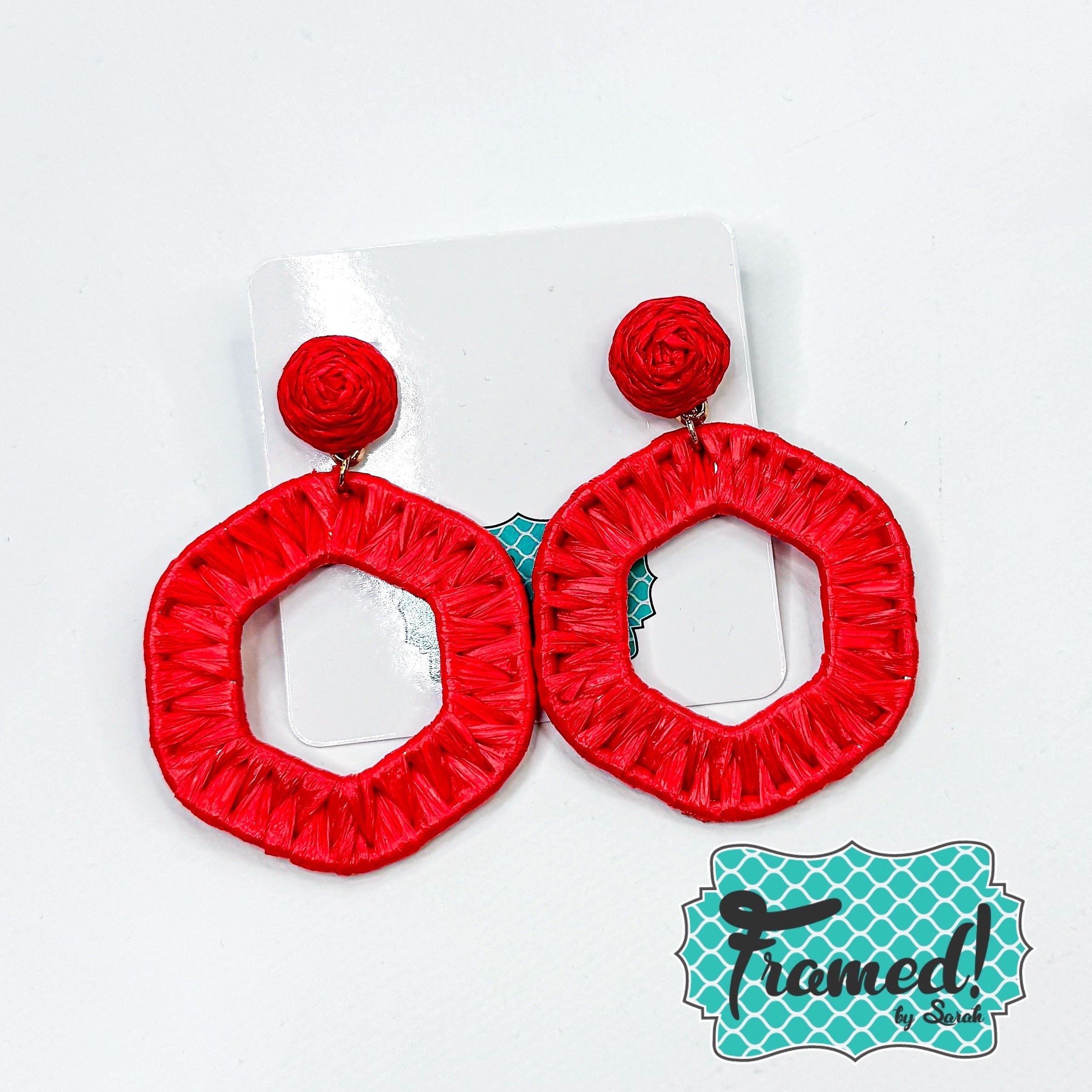 Red Raffia Hexagon Earrings