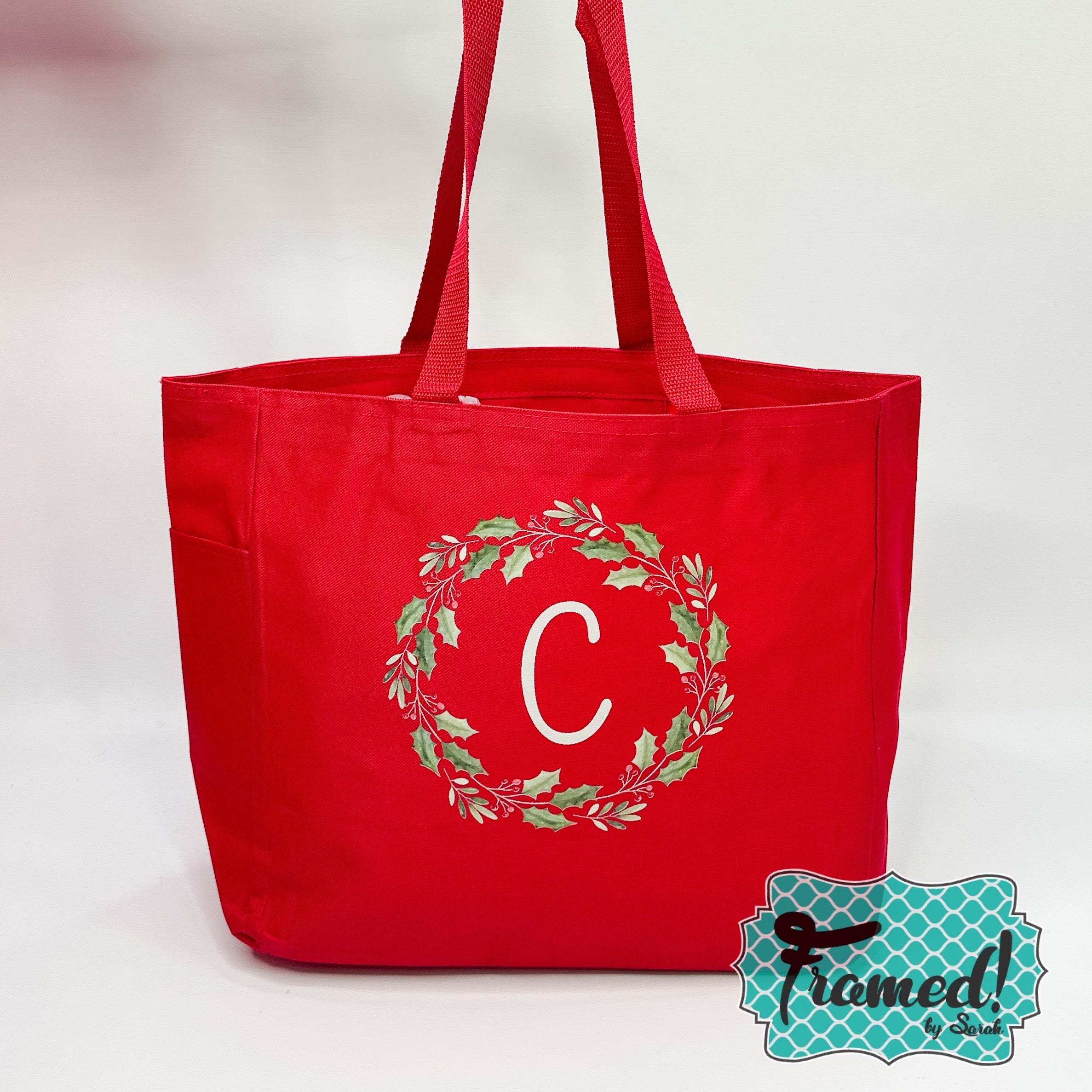 Red Monogrammed Wreath Tote Bag - Letters C & H only