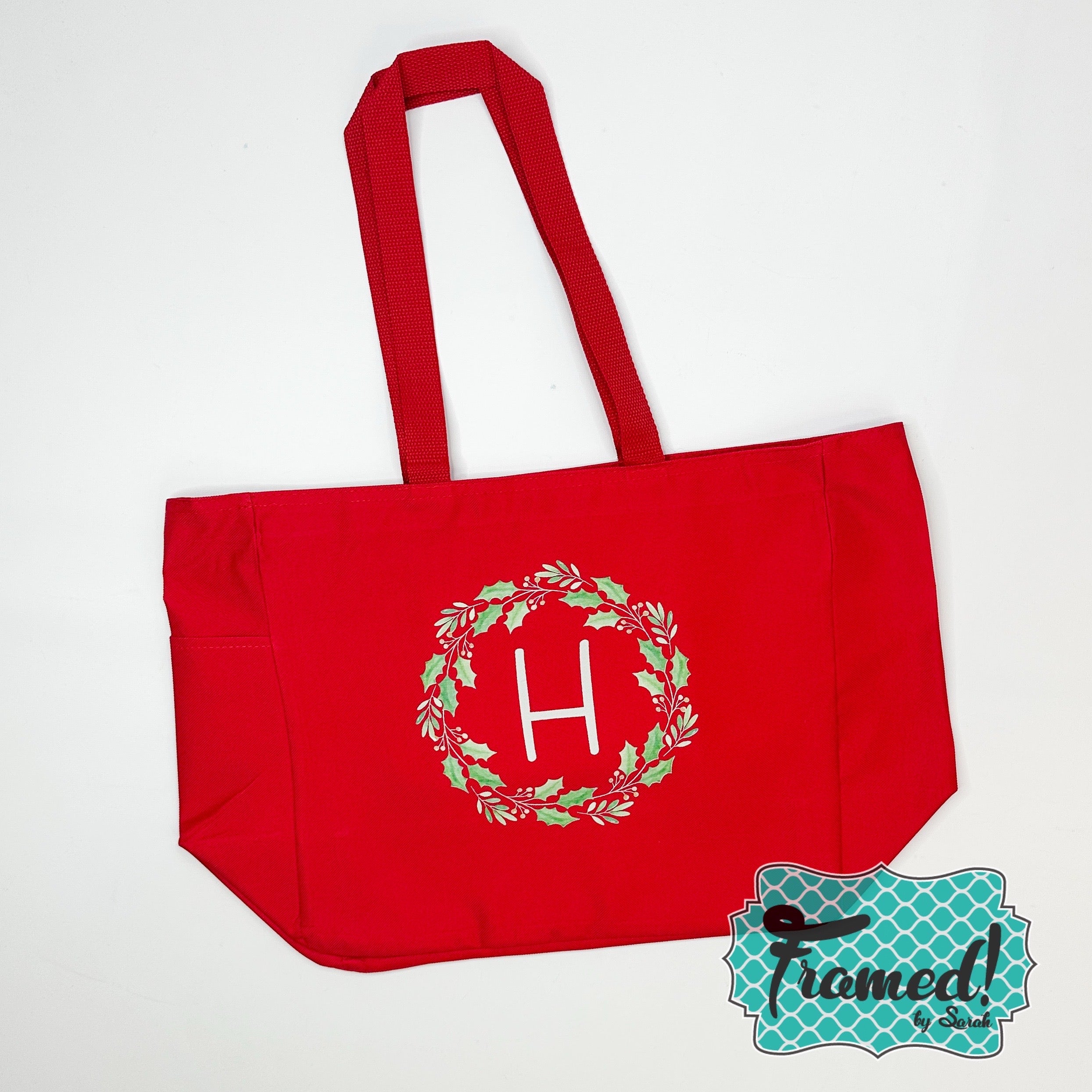 Red Monogrammed Wreath Tote Bag - Letters C & H only