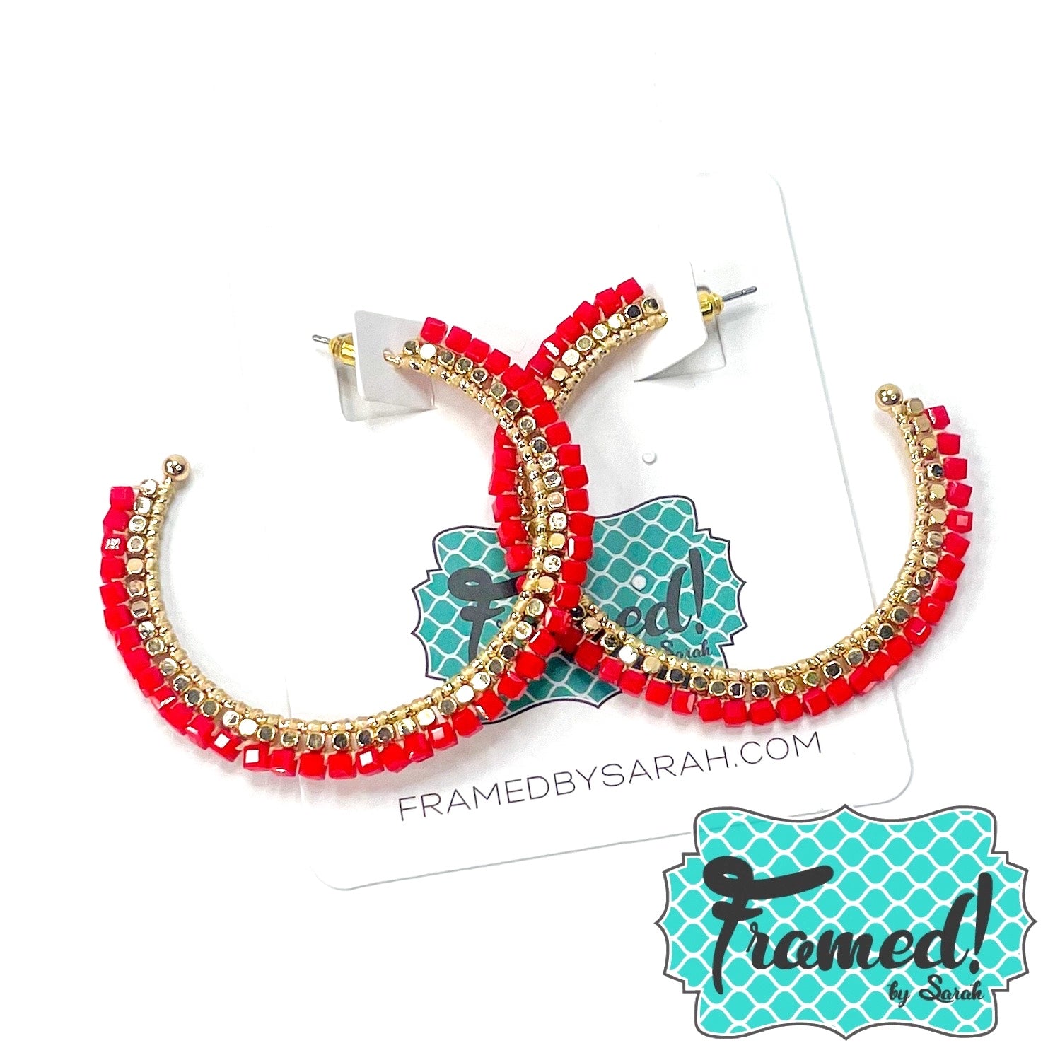 Red & Gold Beaded Hoop Earrings