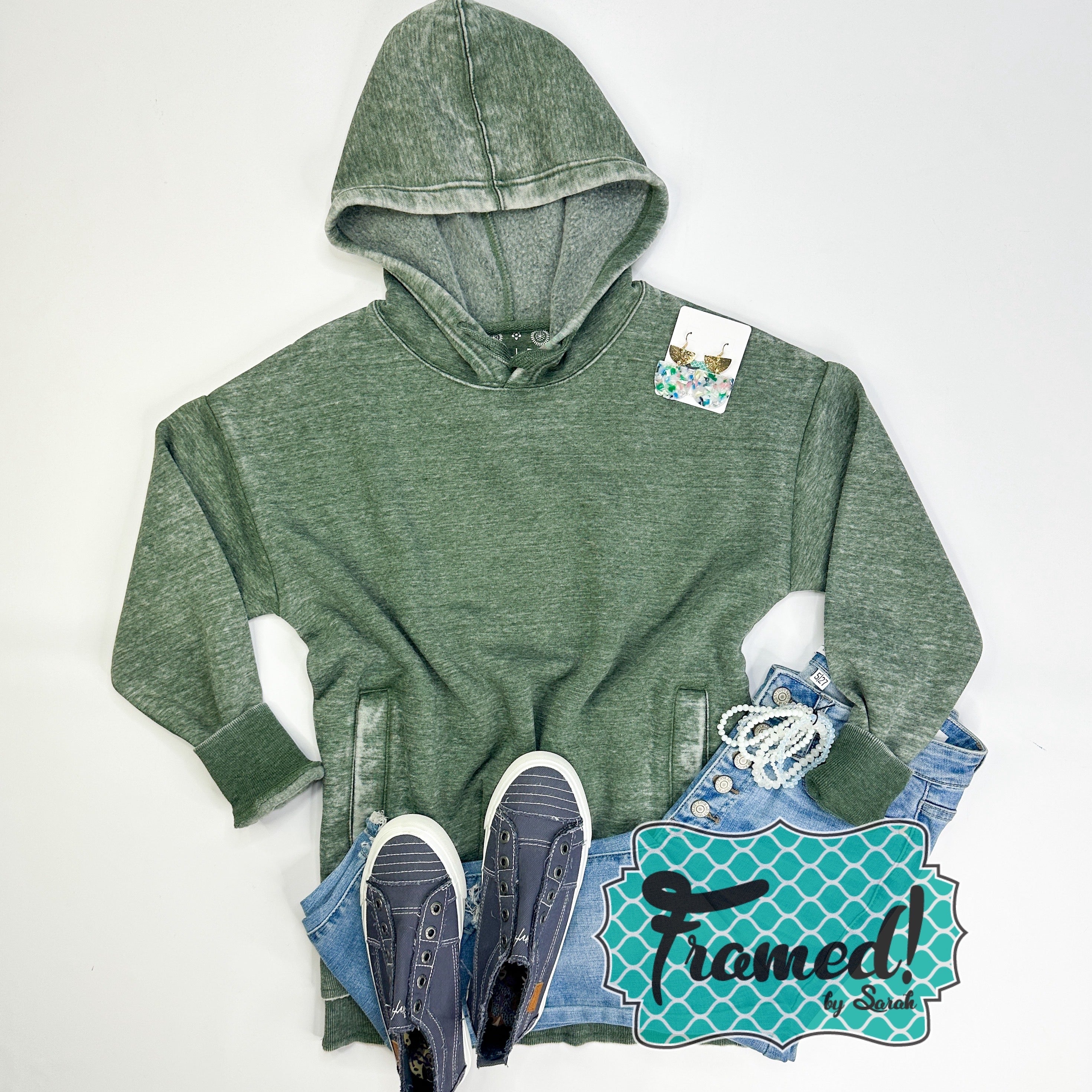 Green Vintage Wash Fleece Hooded Pullover (Sm, Md only)