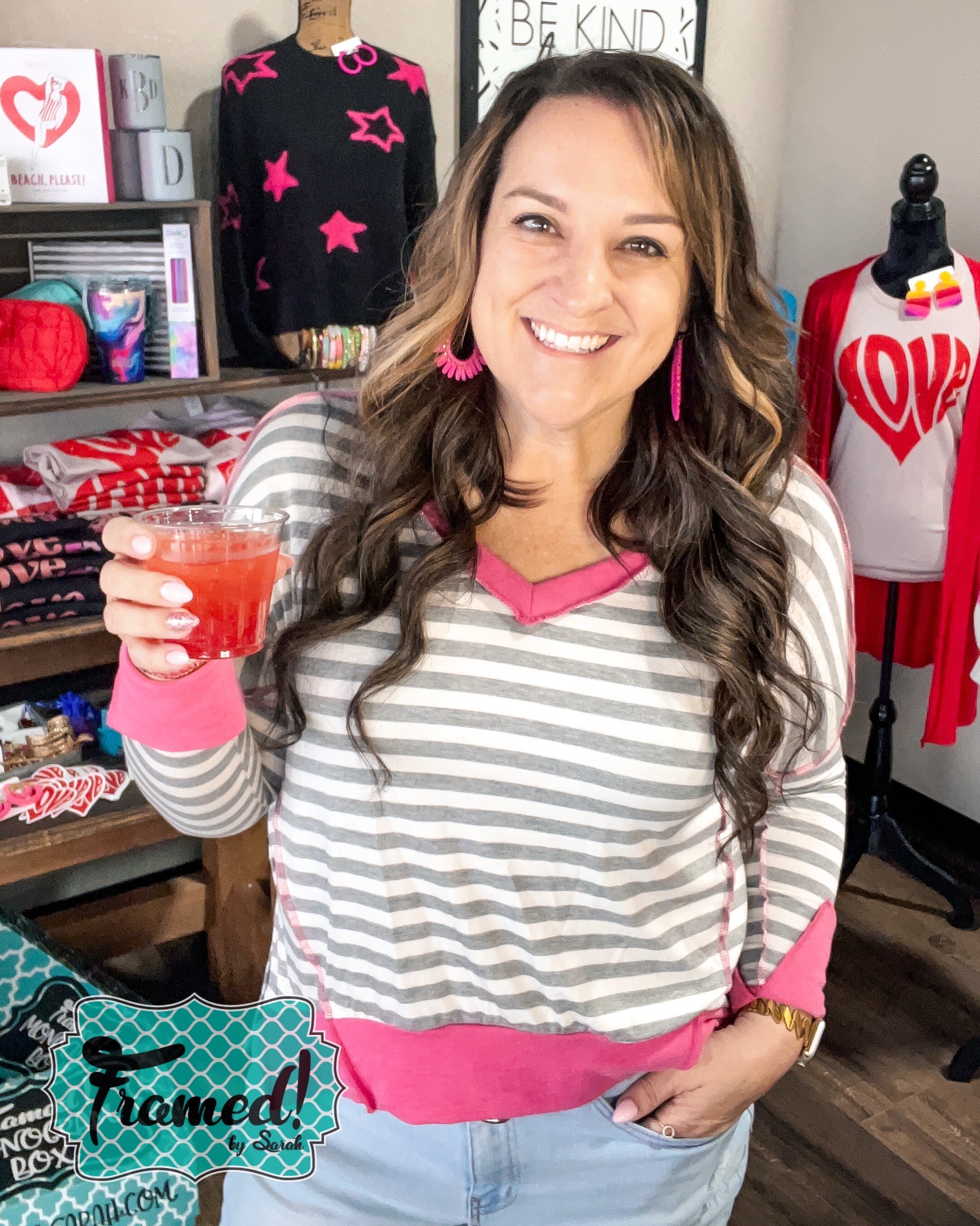 Pink Gray & White Striped VNeck Top