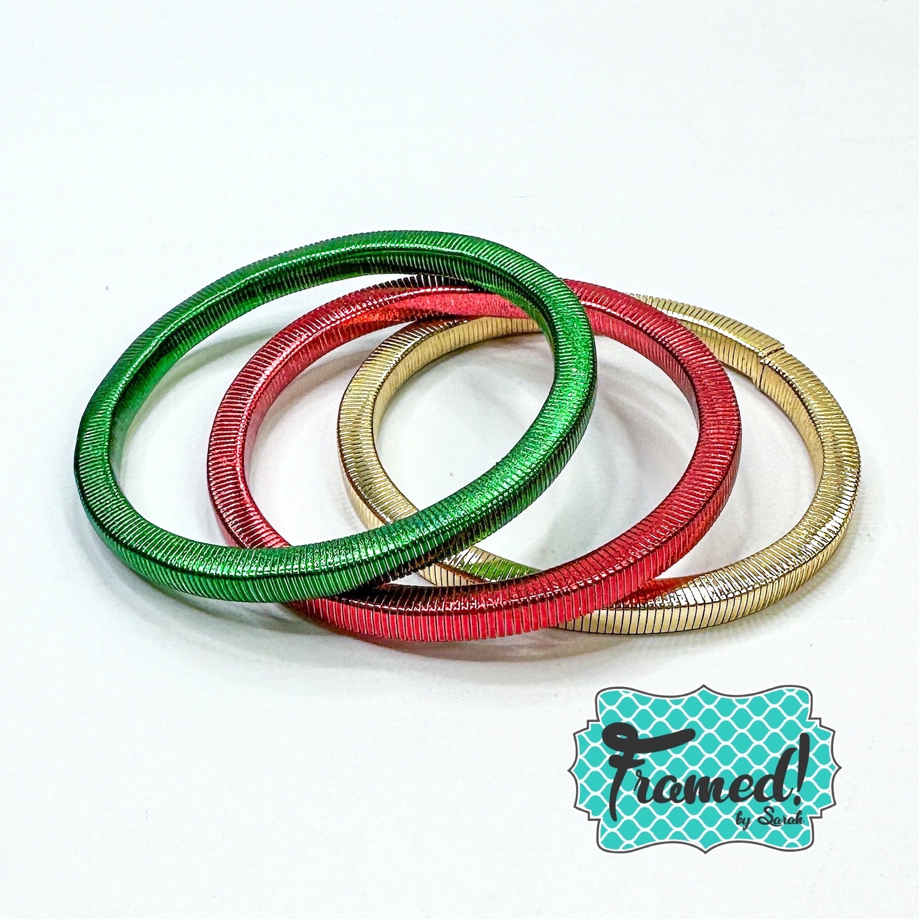 Set of 3 Stretchy Bracelets - Green, Red & Gold