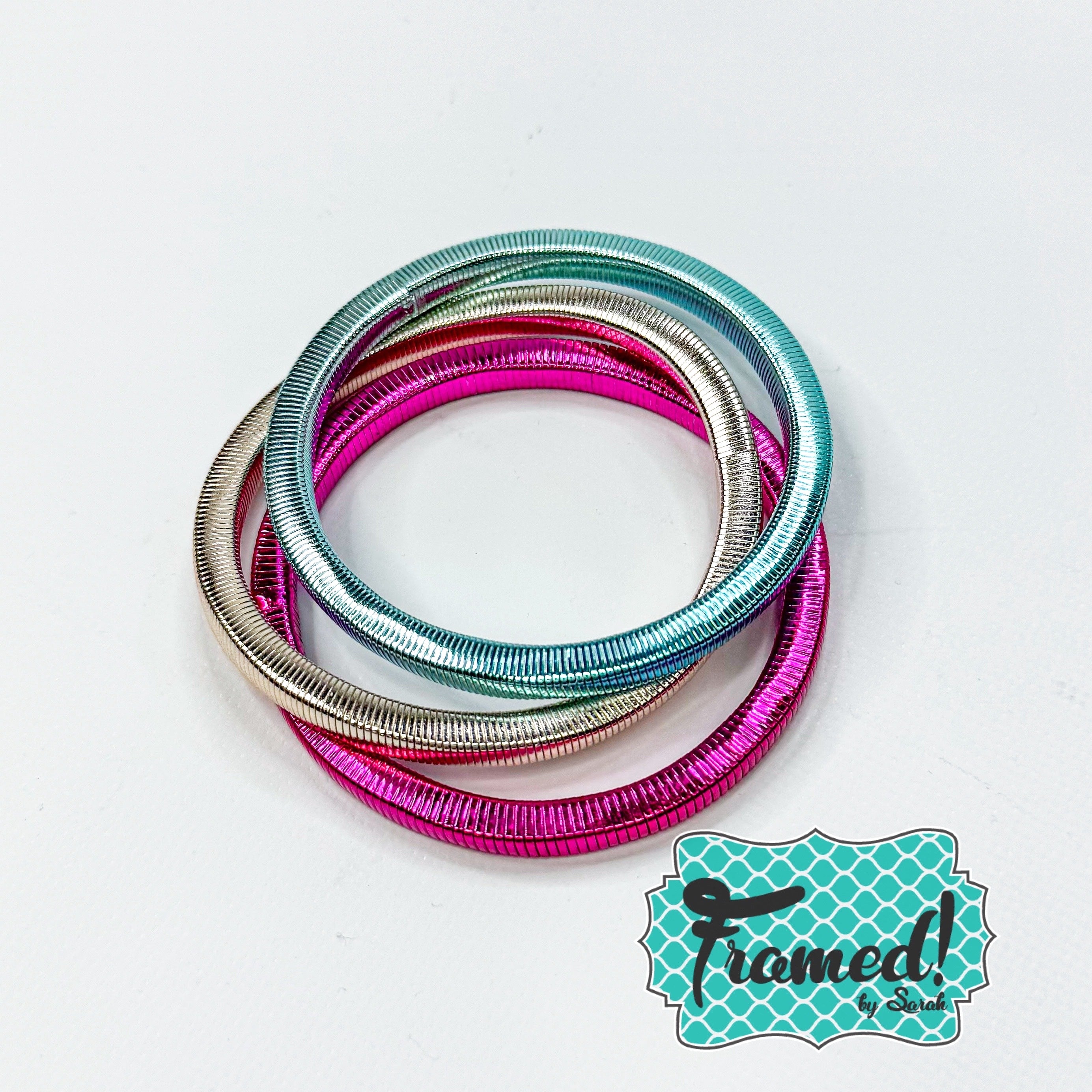 Set of 3 Stretchy Bracelets - Pink, Gold & Turquoise