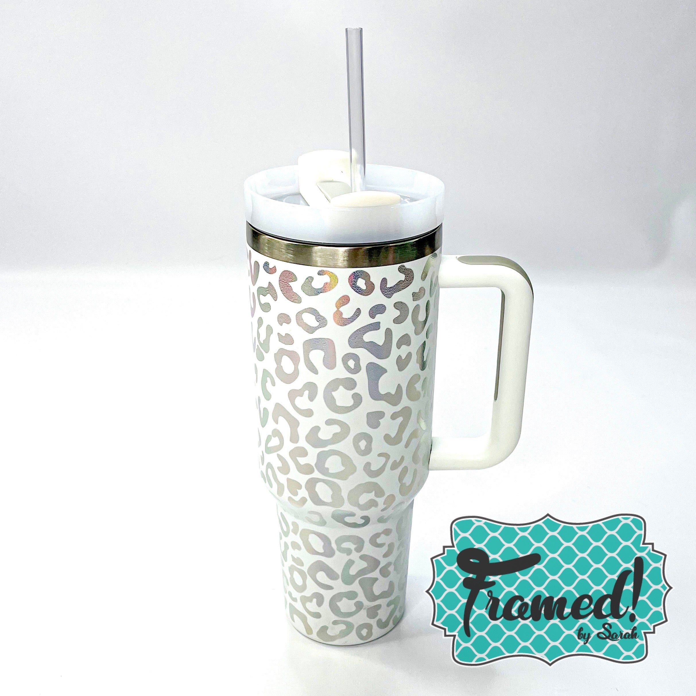 White Holographic Leopard 40 oz Matte Tumbler with Handle