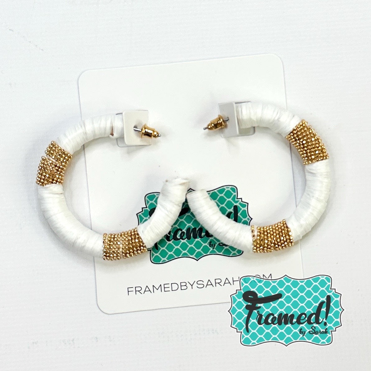 White Raffia and Gold Beaded Hoop Earrings