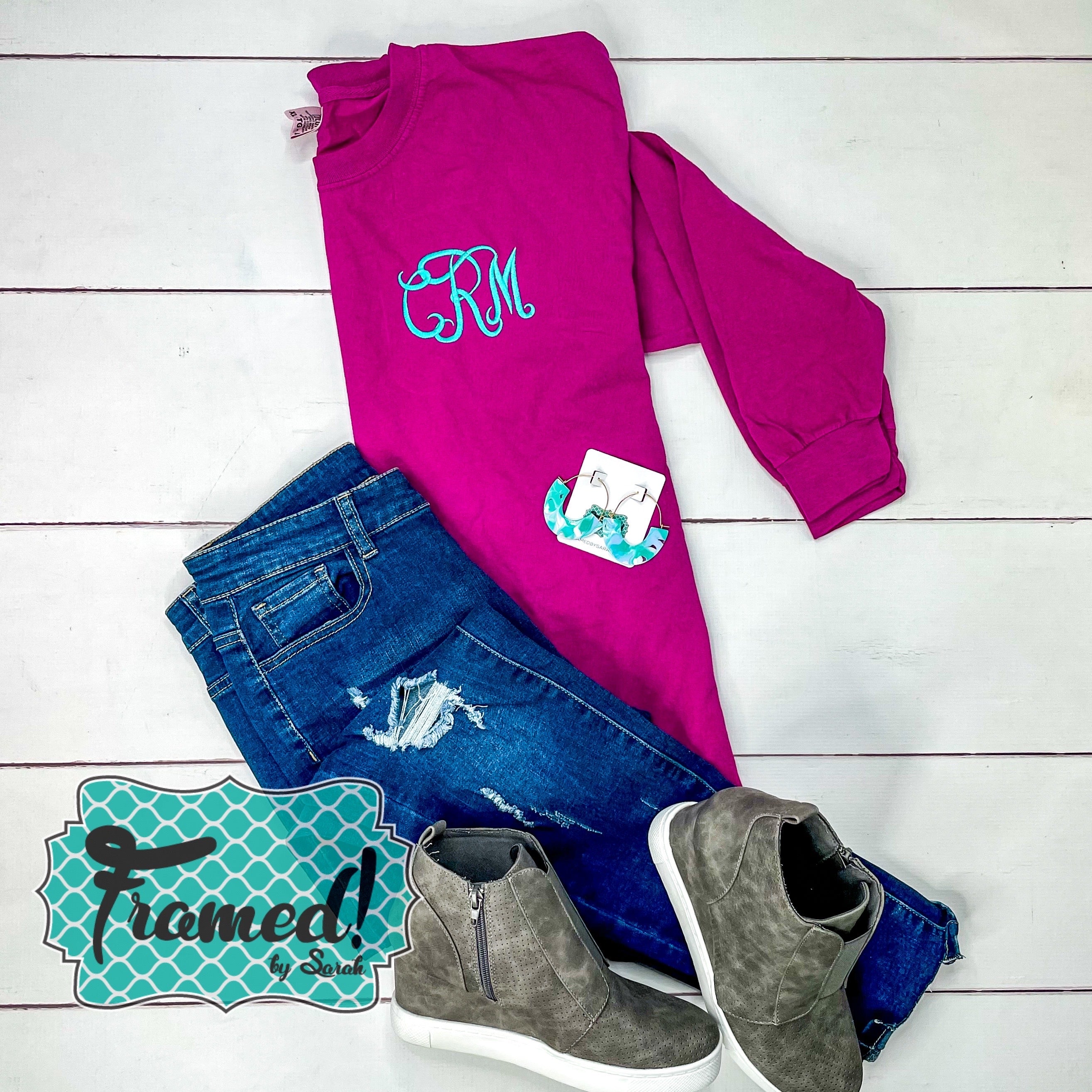 Monogrammed Long Sleeve Fuchsia Tee (Sm & Med only)