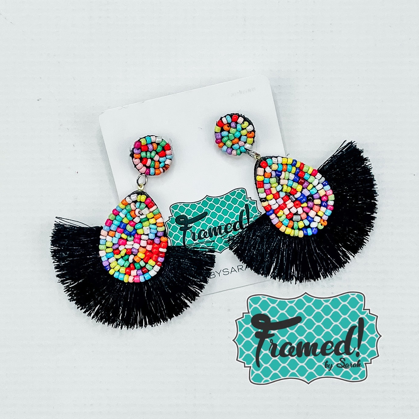 Multi Colored Bead & Black Fringe Earrings