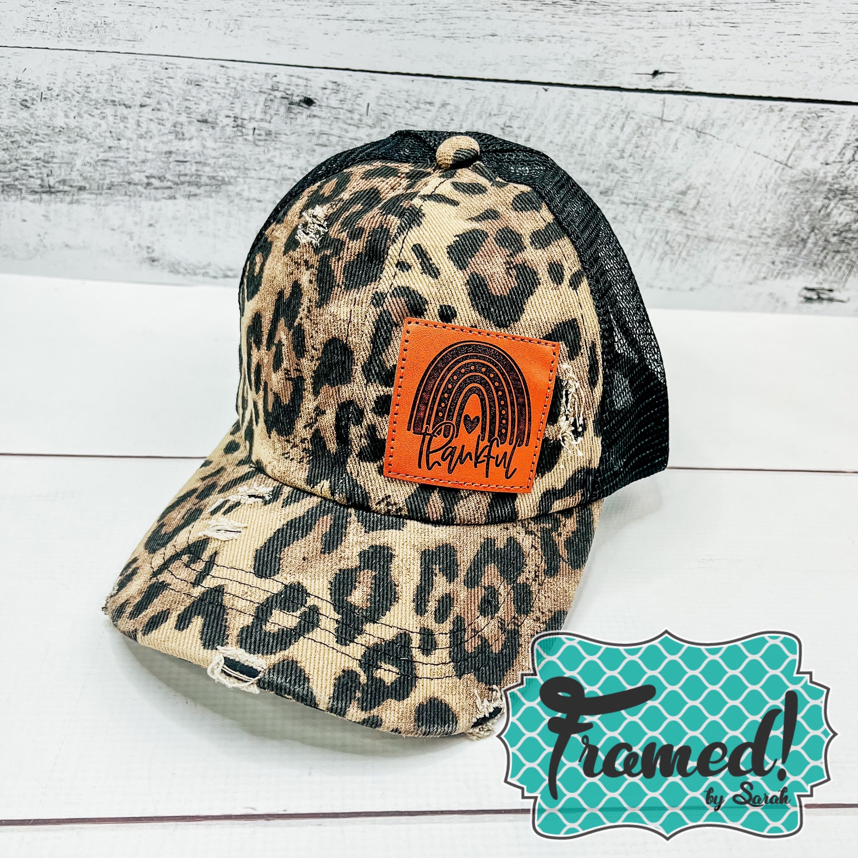 Leopard Thankful Trucker Ponytail Hat