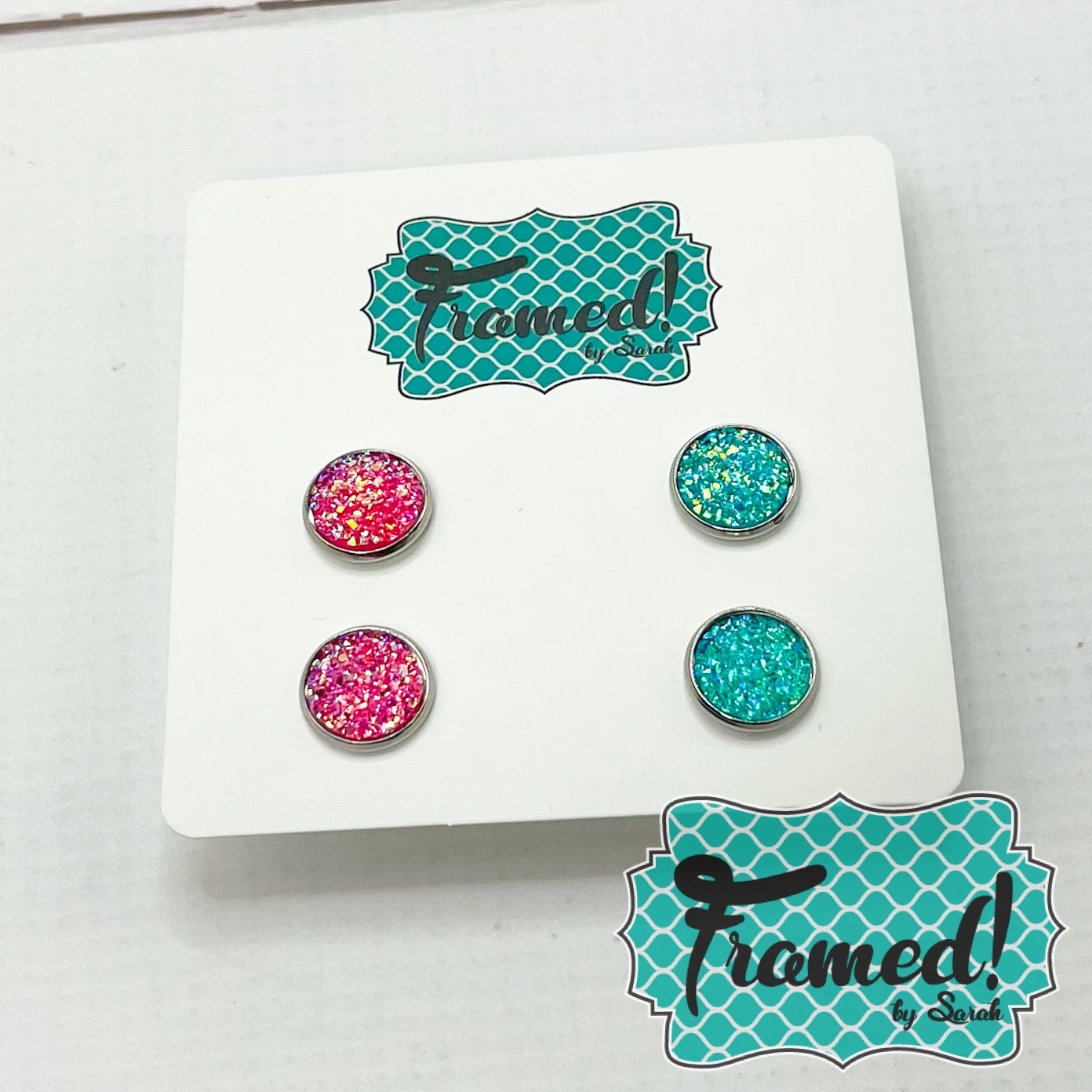 Set of 2 Pink & Turquoise Glitter Stud Earrings
