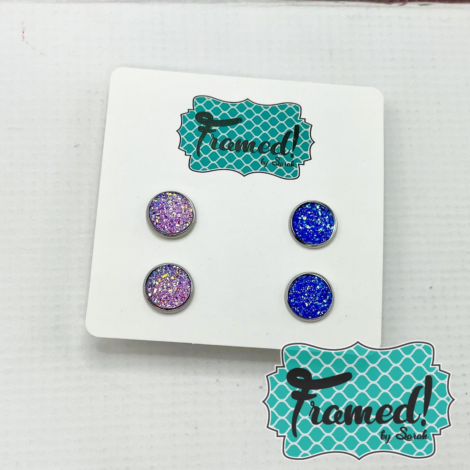 Set of 2 Purple & Blue Glitter Stud Earrings