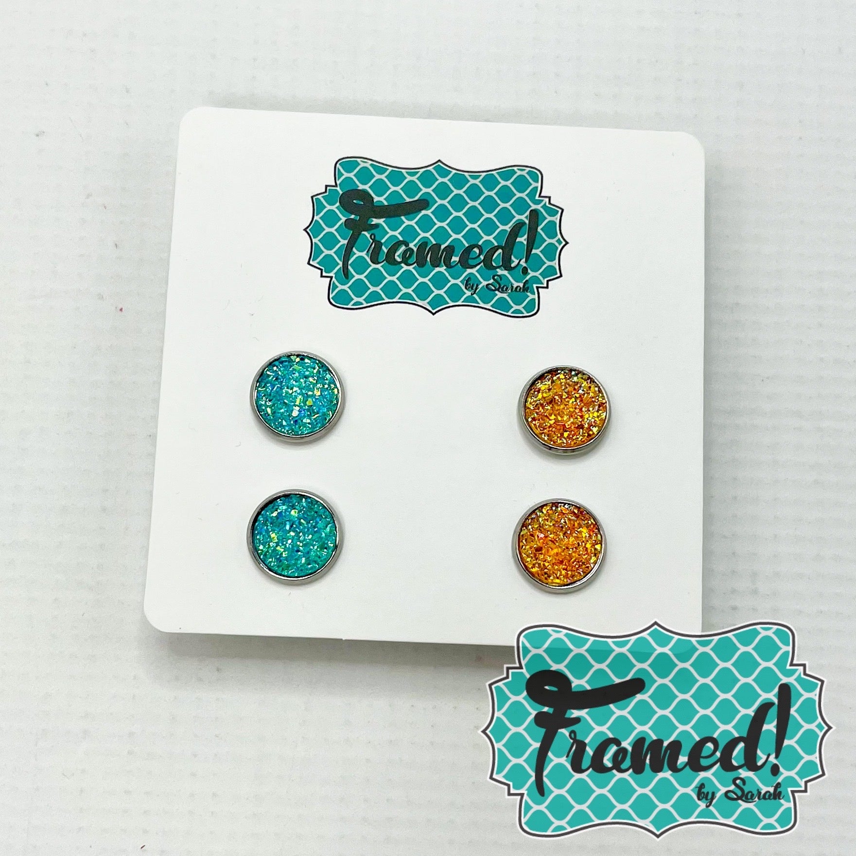 Set of 2 Turquoise & Amber Glitter Stud Earrings