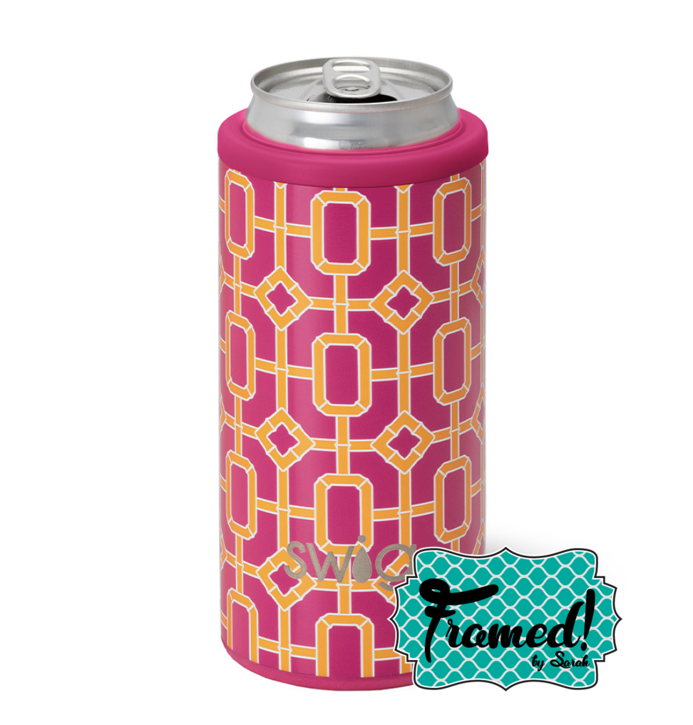 Swig 12oz. Printed Stainless Steel Skinny Can Cooler - Pink Bamboo Trellis